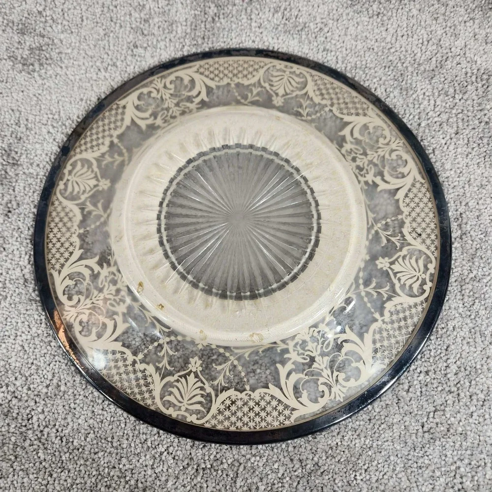 Vintage Silver Overlay‎ Glass Plate Clear Floral Scroll Etched Sunburst
